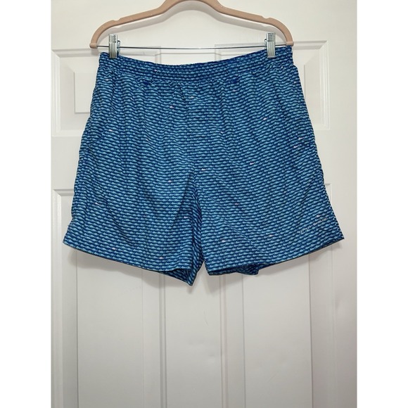 Columbia PFG Swim Trunks Men Medium Blue Drawstring Elastic Waist Lined Fish AOP - Picture 1 of 6